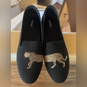 EUC: VIVAIA Black Loafers with Leopard Embroidery